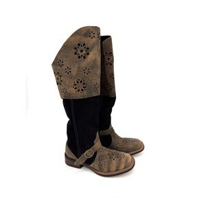 Laredo Women 7.5 M Brown Black Laser Cut Floral Leather Tall Knee Western Boots